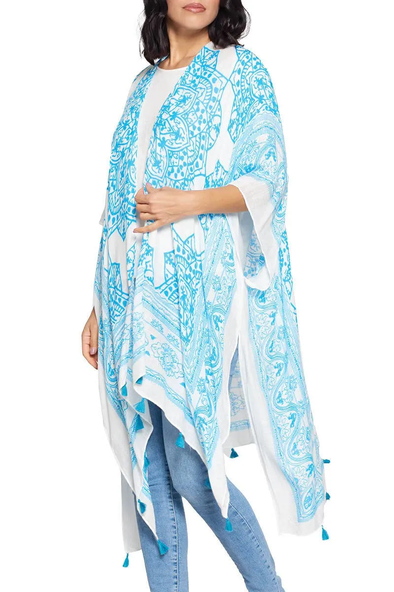 Boho Floral Mandala Tassels Kimono Wrap Sky Blue White