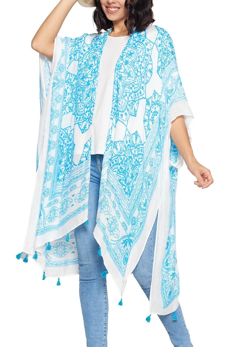 Boho Floral Mandala Tassels Kimono Wrap Sky Blue White