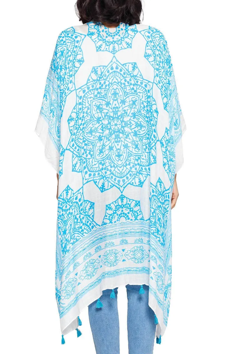 Boho Floral Mandala Tassels Kimono Wrap Sky Blue White