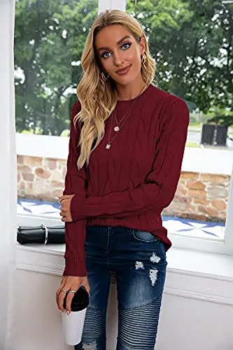 Breampot Women Cable Knit Jumper Casual Basic Long Sleeve Pullover Sweater Tops(Wine,Small)