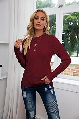 Breampot Women Cable Knit Jumper Casual Basic Long Sleeve Pullover Sweater Tops(Wine,Small)