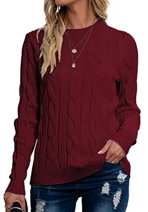 Breampot Women Cable Knit Jumper Casual Basic Long Sleeve Pullover Sweater Tops(Wine,Small)