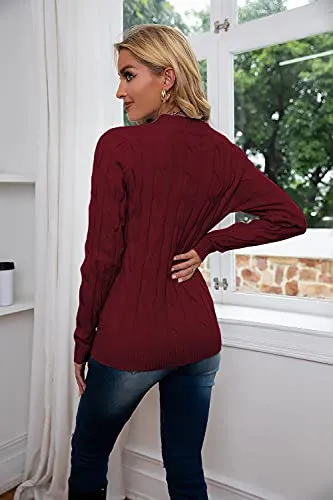 Breampot Women Cable Knit Jumper Casual Basic Long Sleeve Pullover Sweater Tops(Wine,Small)