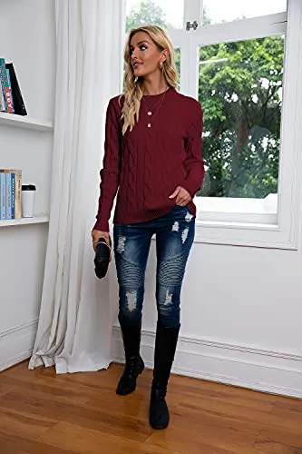 Breampot Women Cable Knit Jumper Casual Basic Long Sleeve Pullover Sweater Tops(Wine,Small)