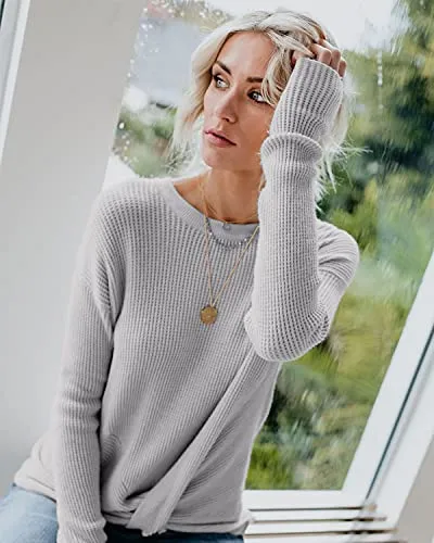 Breampot Women Cable Knit Jumper Casual Basic Long Sleeve Pullover Sweater Tops(Y-Grey,Medium)