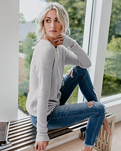 Breampot Women Cable Knit Jumper Casual Basic Long Sleeve Pullover Sweater Tops(Y-Grey,Medium)