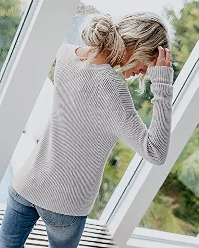 Breampot Women Cable Knit Jumper Casual Basic Long Sleeve Pullover Sweater Tops(Y-Grey,Medium)