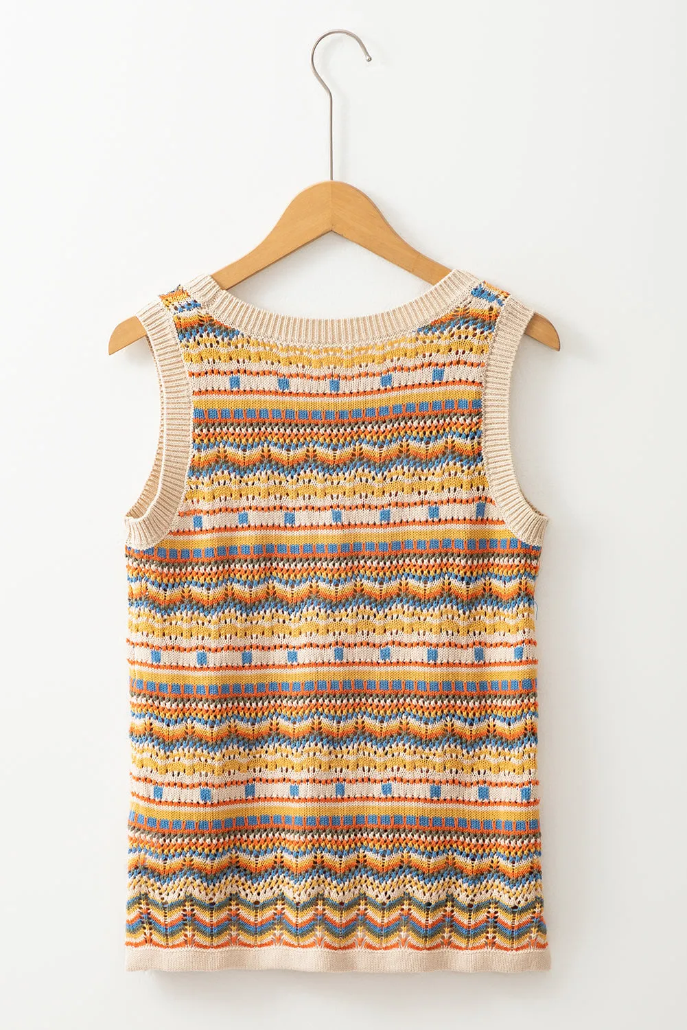 Brown Stripe Eyelet Crochet Round Neck Sweater Vest