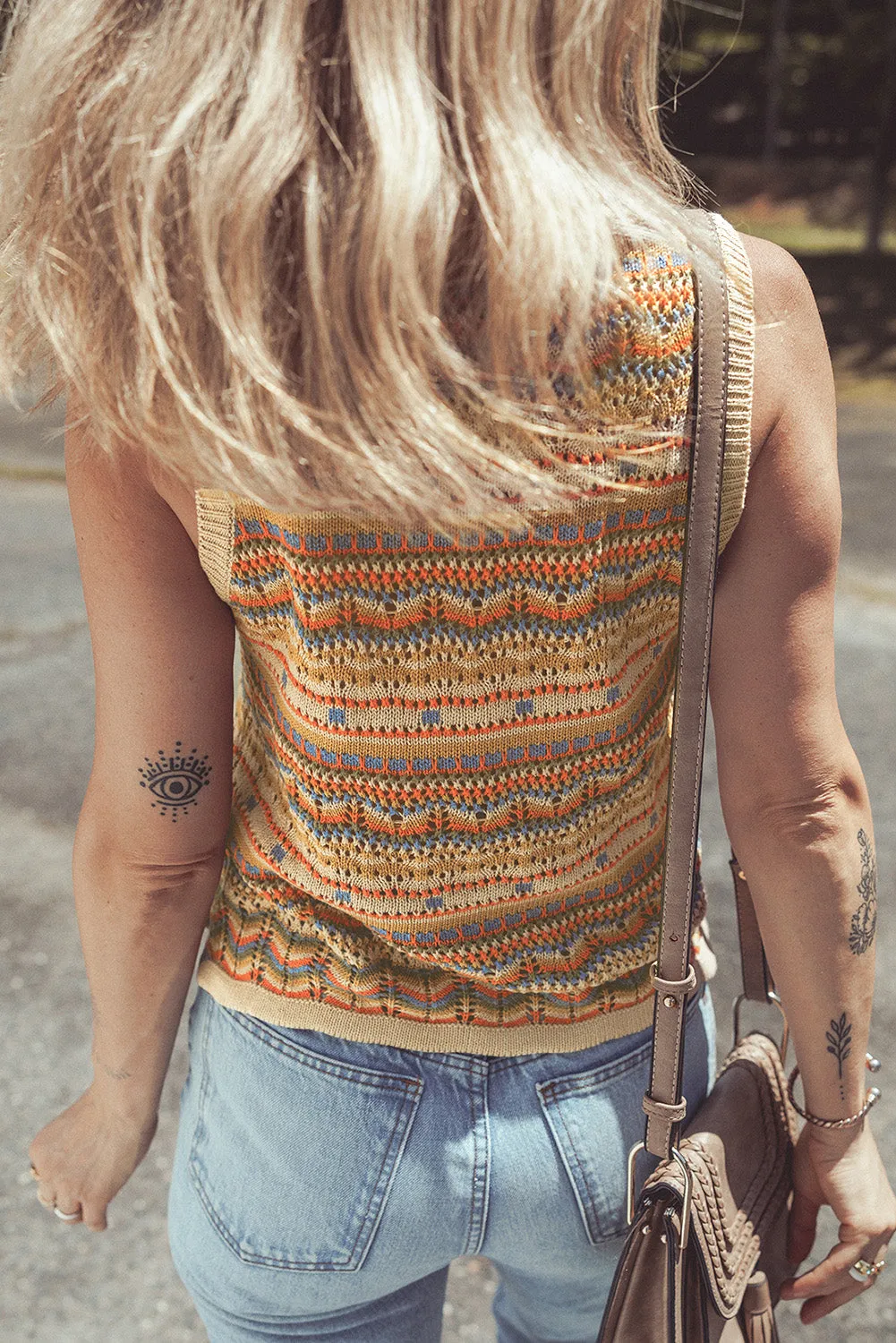 Brown Stripe Eyelet Crochet Round Neck Sweater Vest