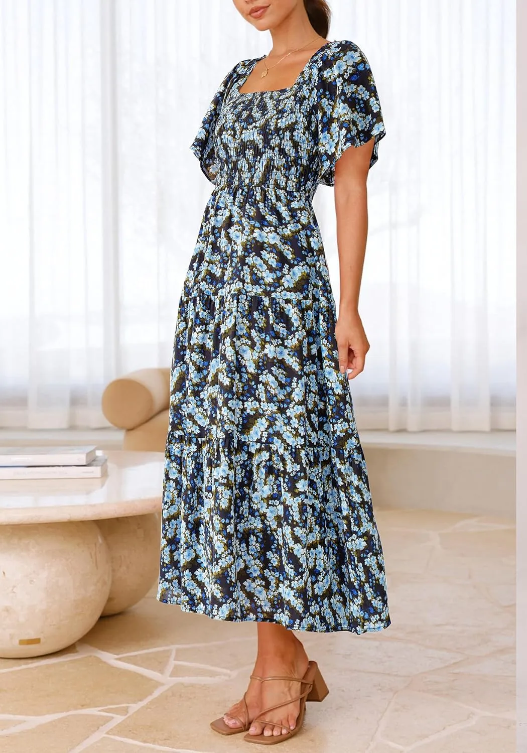 BTFBM Summer Floral Dress for Women 2025 Spring Boho Short Sleeve Square Neck Smocked Flowy Maxi Beach Vacation Dresses