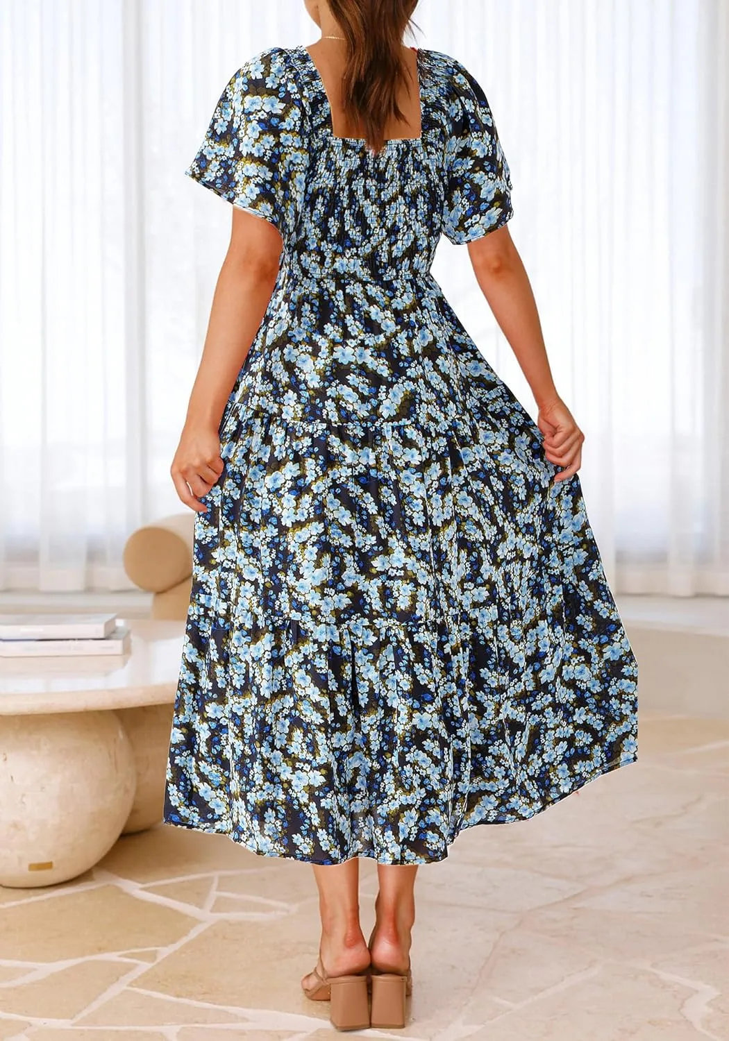 BTFBM Summer Floral Dress for Women 2025 Spring Boho Short Sleeve Square Neck Smocked Flowy Maxi Beach Vacation Dresses