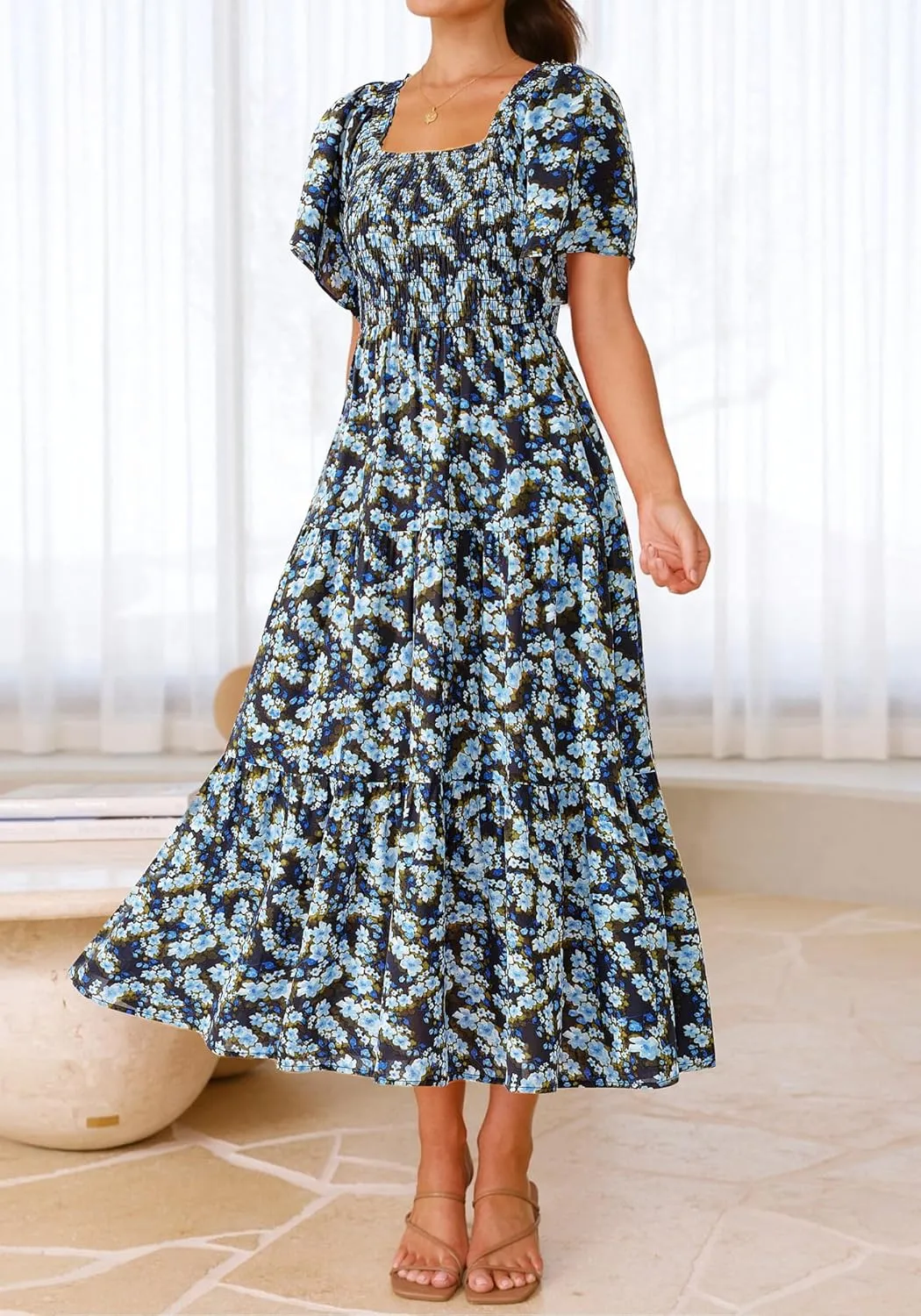 BTFBM Summer Floral Dress for Women 2025 Spring Boho Short Sleeve Square Neck Smocked Flowy Maxi Beach Vacation Dresses