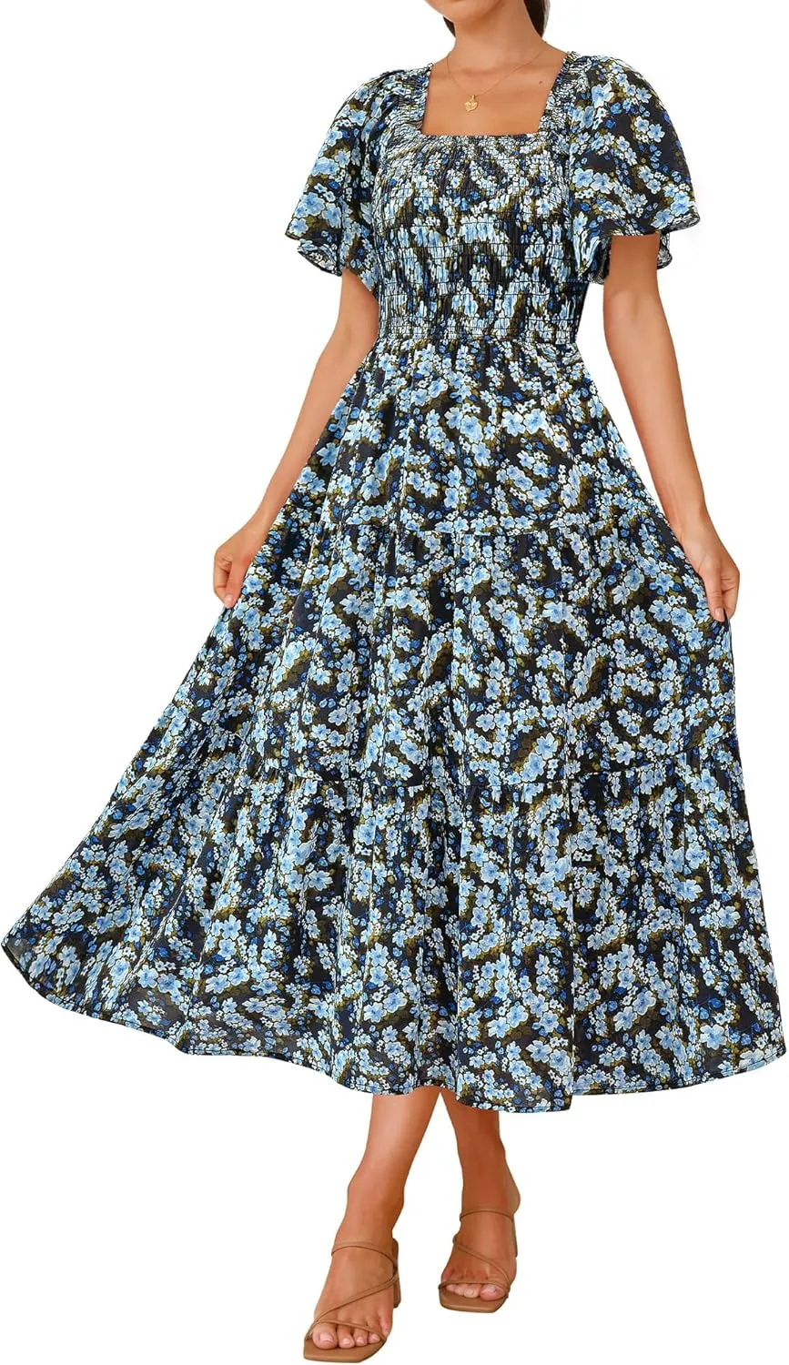 BTFBM Summer Floral Dress for Women 2025 Spring Boho Short Sleeve Square Neck Smocked Flowy Maxi Beach Vacation Dresses