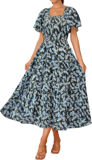 BTFBM Summer Floral Dress for Women 2025 Spring Boho Short Sleeve Square Neck Smocked Flowy Maxi Beach Vacation Dresses