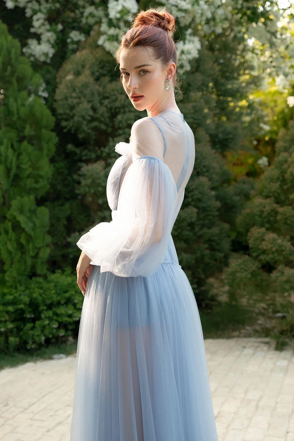 Charmeuse A-line Puffy Sleeved Tulle Ankle Length Dress