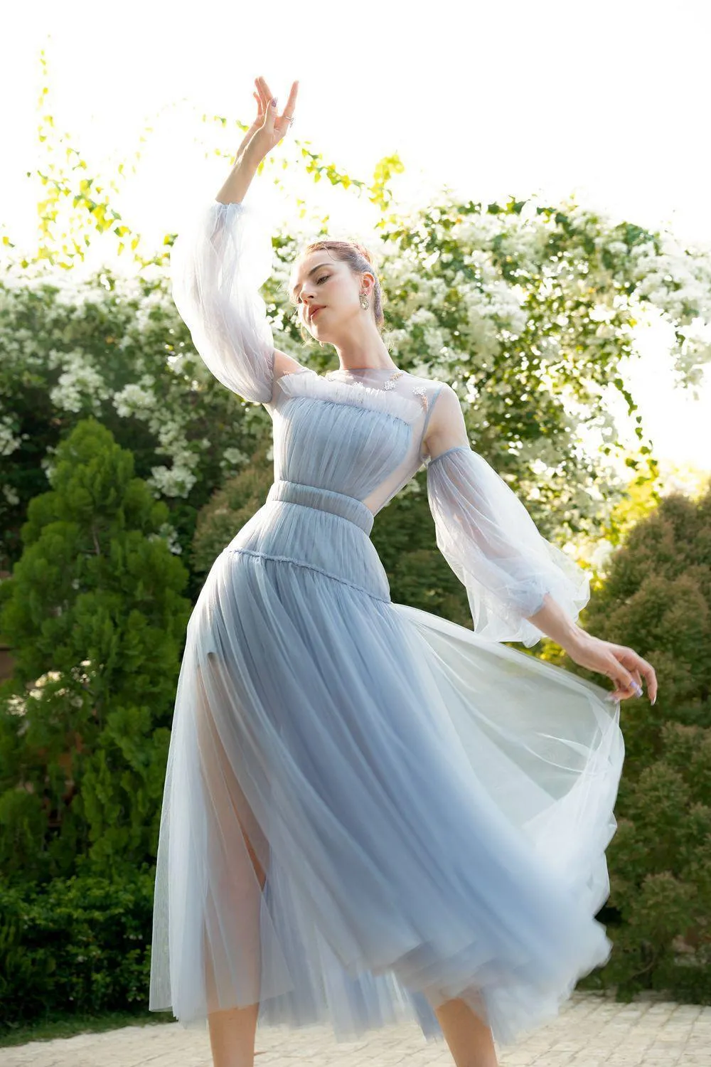 Charmeuse A-line Puffy Sleeved Tulle Ankle Length Dress