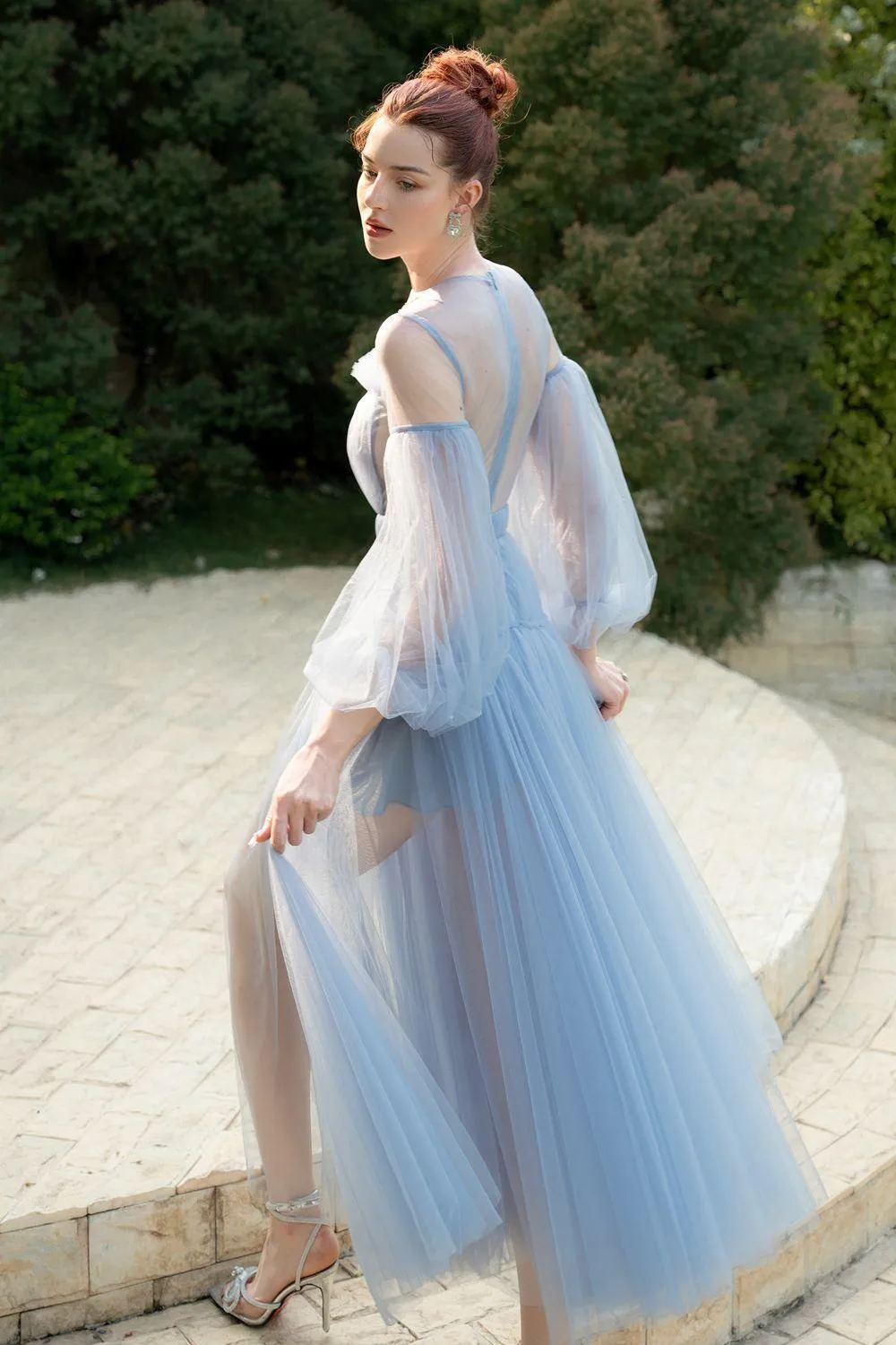Charmeuse A-line Puffy Sleeved Tulle Ankle Length Dress