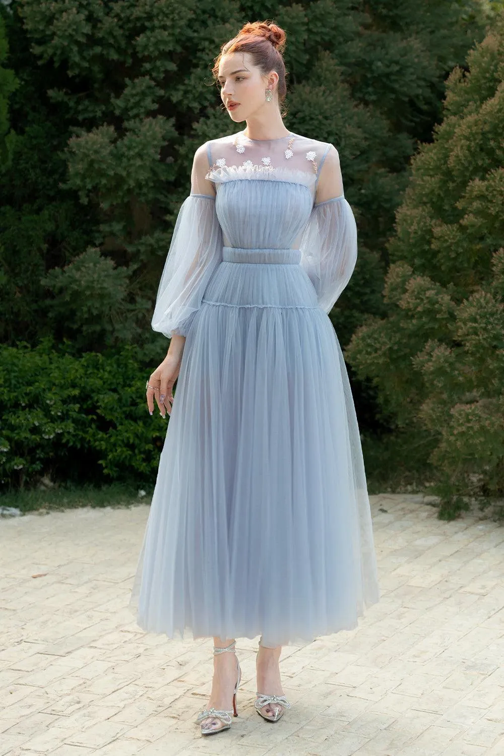 Charmeuse A-line Puffy Sleeved Tulle Ankle Length Dress