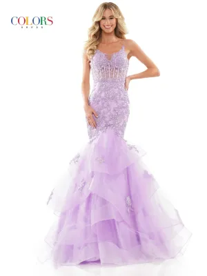 Colors Dress  2899 Long Prom Dress Fitted Mermaid Corset Lace Applique Layered Tulle Formal Pageant Gown