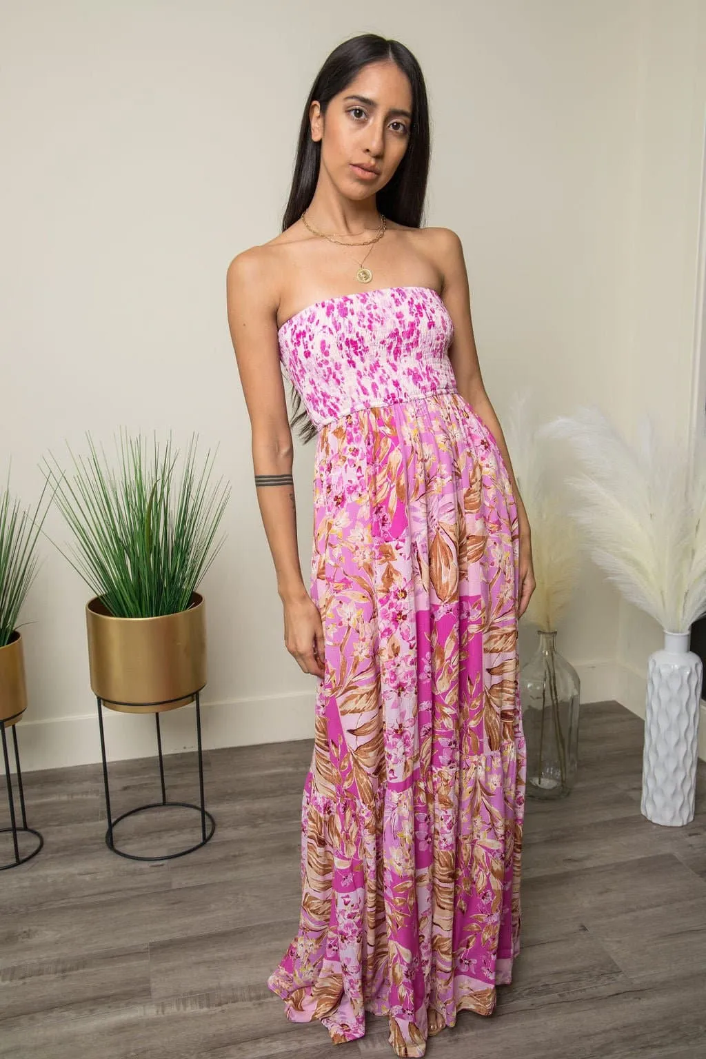 Cotton Candy Ruffle Floral Print Maxi Dress -Pink