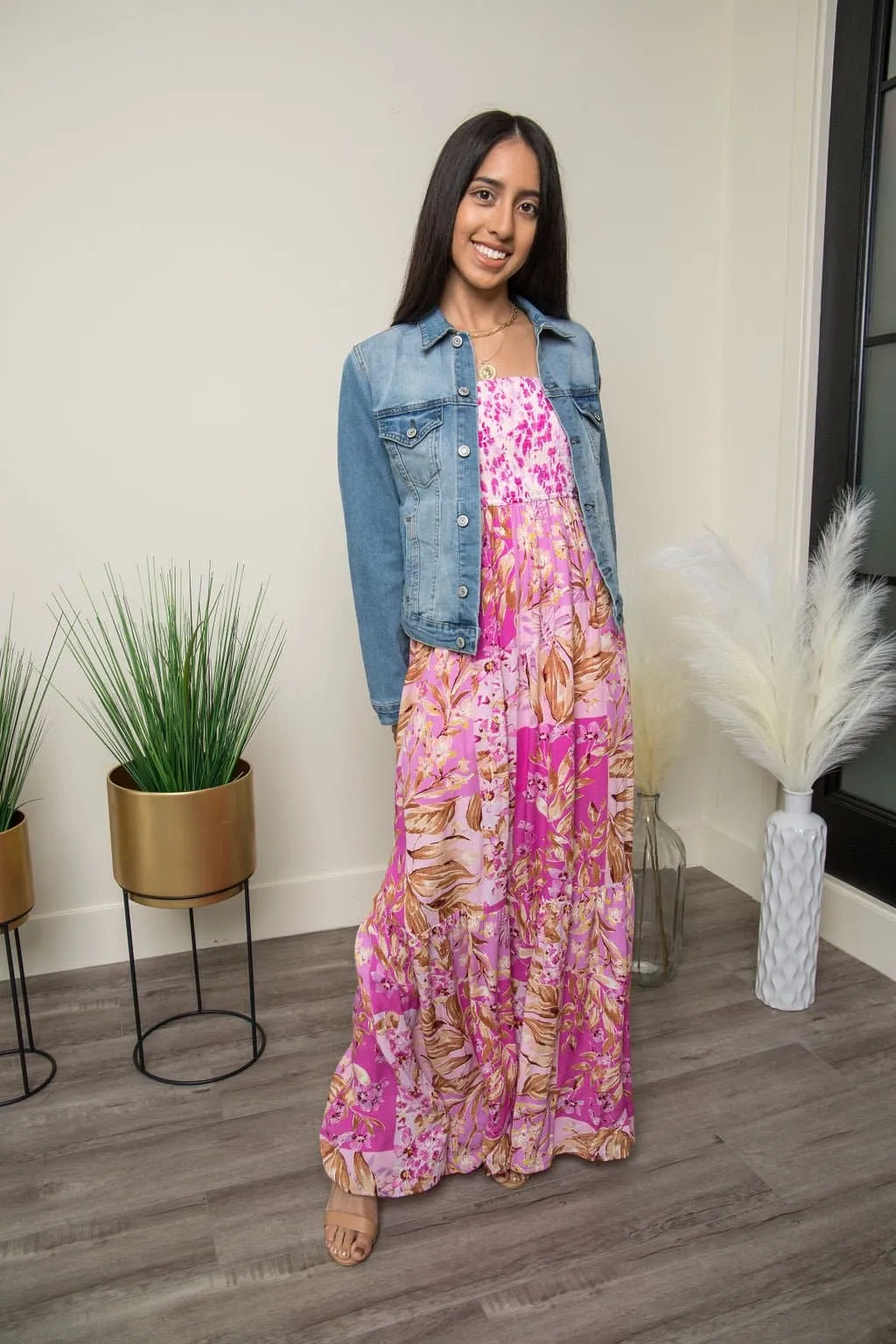 Cotton Candy Ruffle Floral Print Maxi Dress -Pink