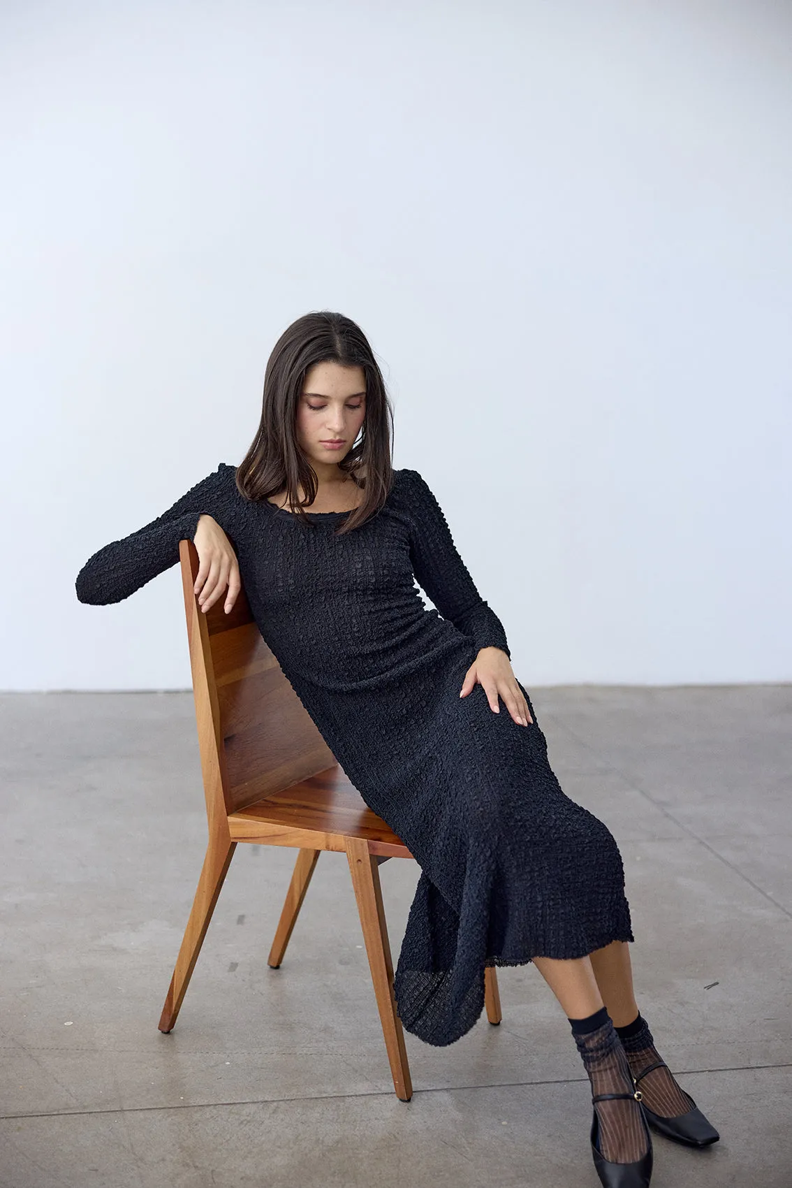 Crinkle Texture Long-Sleeve Dress Silk - Ónix