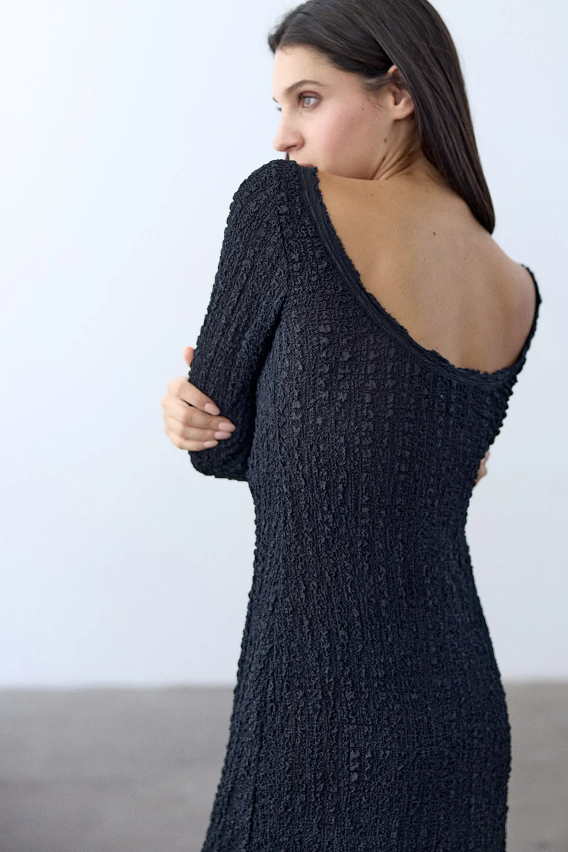 Crinkle Texture Long-Sleeve Dress Silk - Ónix