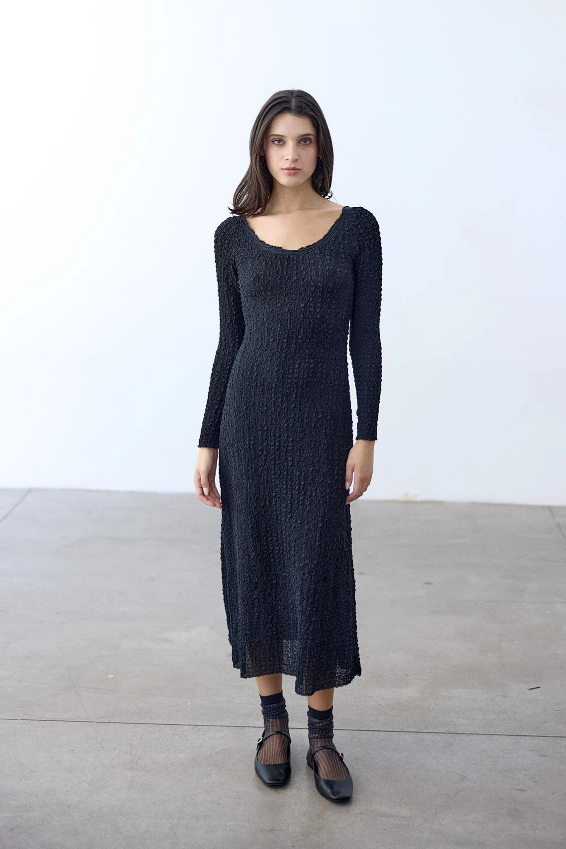 Crinkle Texture Long-Sleeve Dress Silk - Ónix