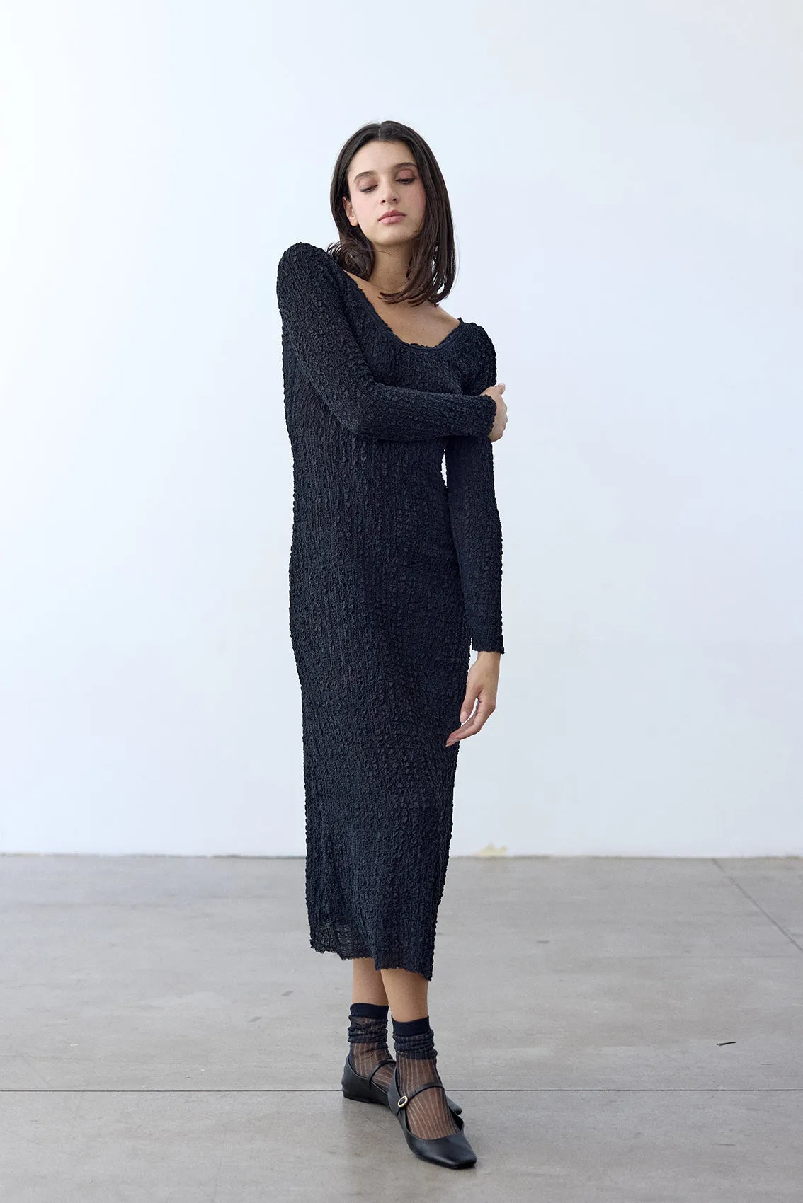 Crinkle Texture Long-Sleeve Dress Silk - Ónix