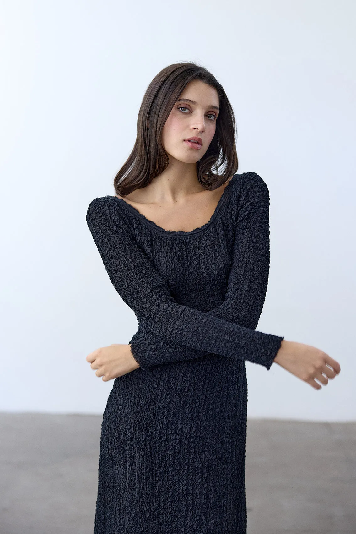 Crinkle Texture Long-Sleeve Dress Silk - Ónix
