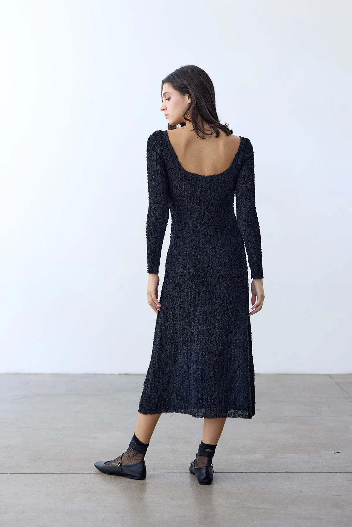 Crinkle Texture Long-Sleeve Dress Silk - Ónix