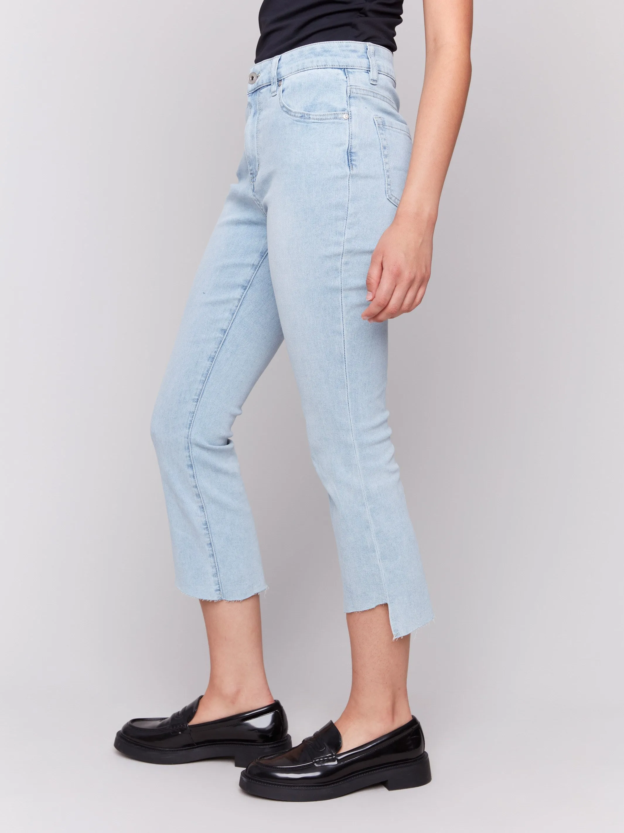 Cropped Jeans with Asymmetrical Hem - Bleach Blue