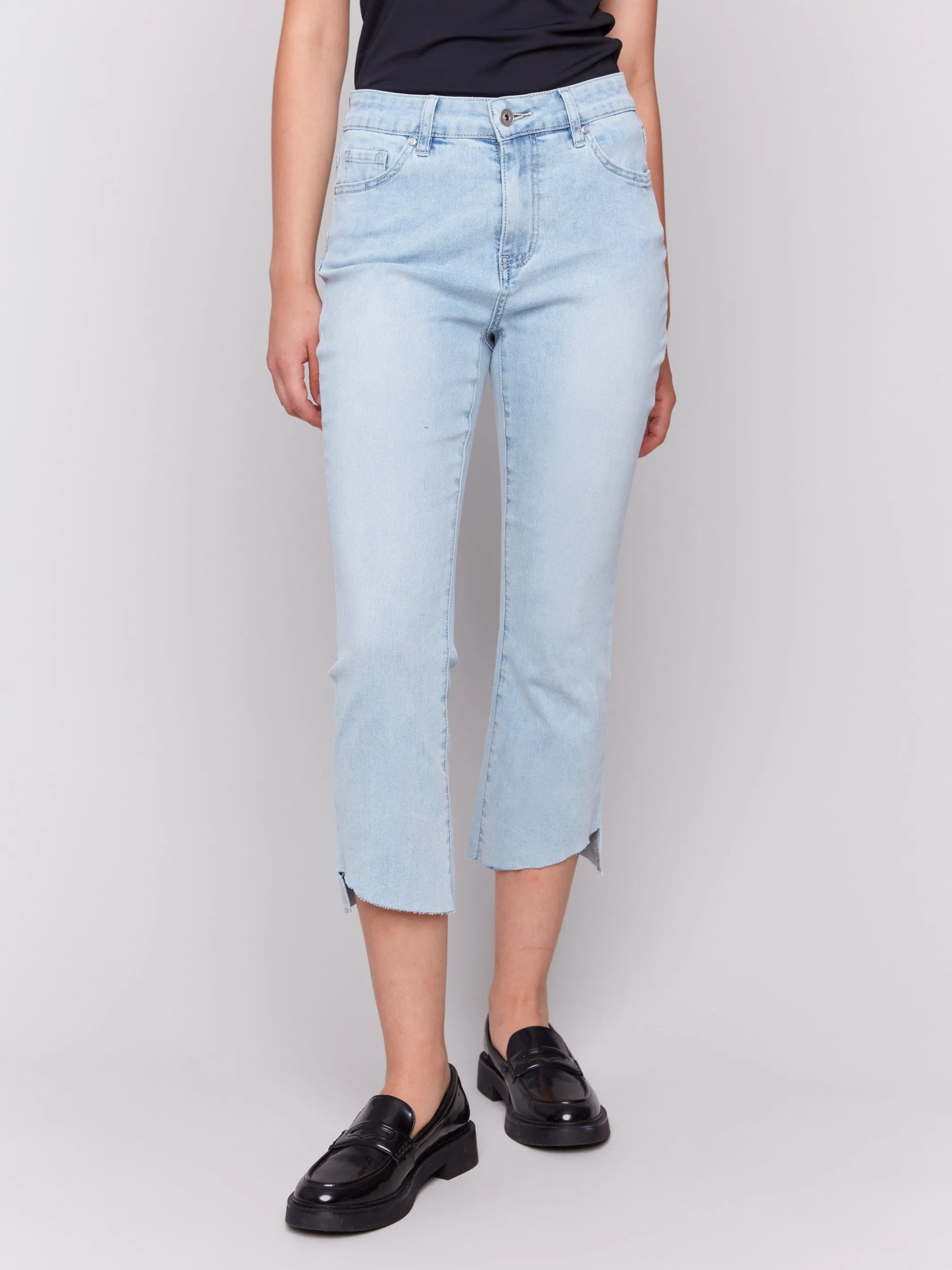 Cropped Jeans with Asymmetrical Hem - Bleach Blue
