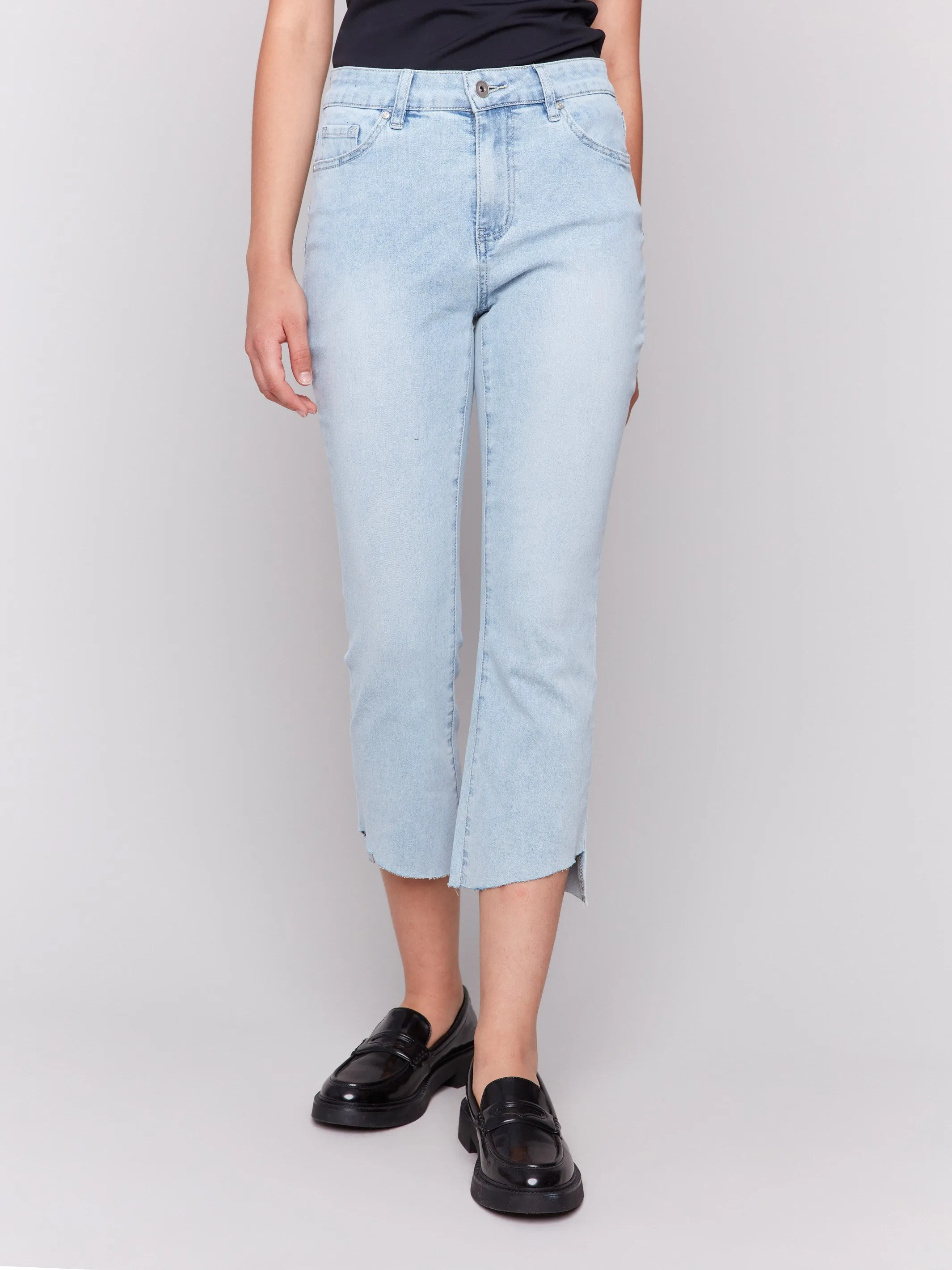Cropped Jeans with Asymmetrical Hem - Bleach Blue