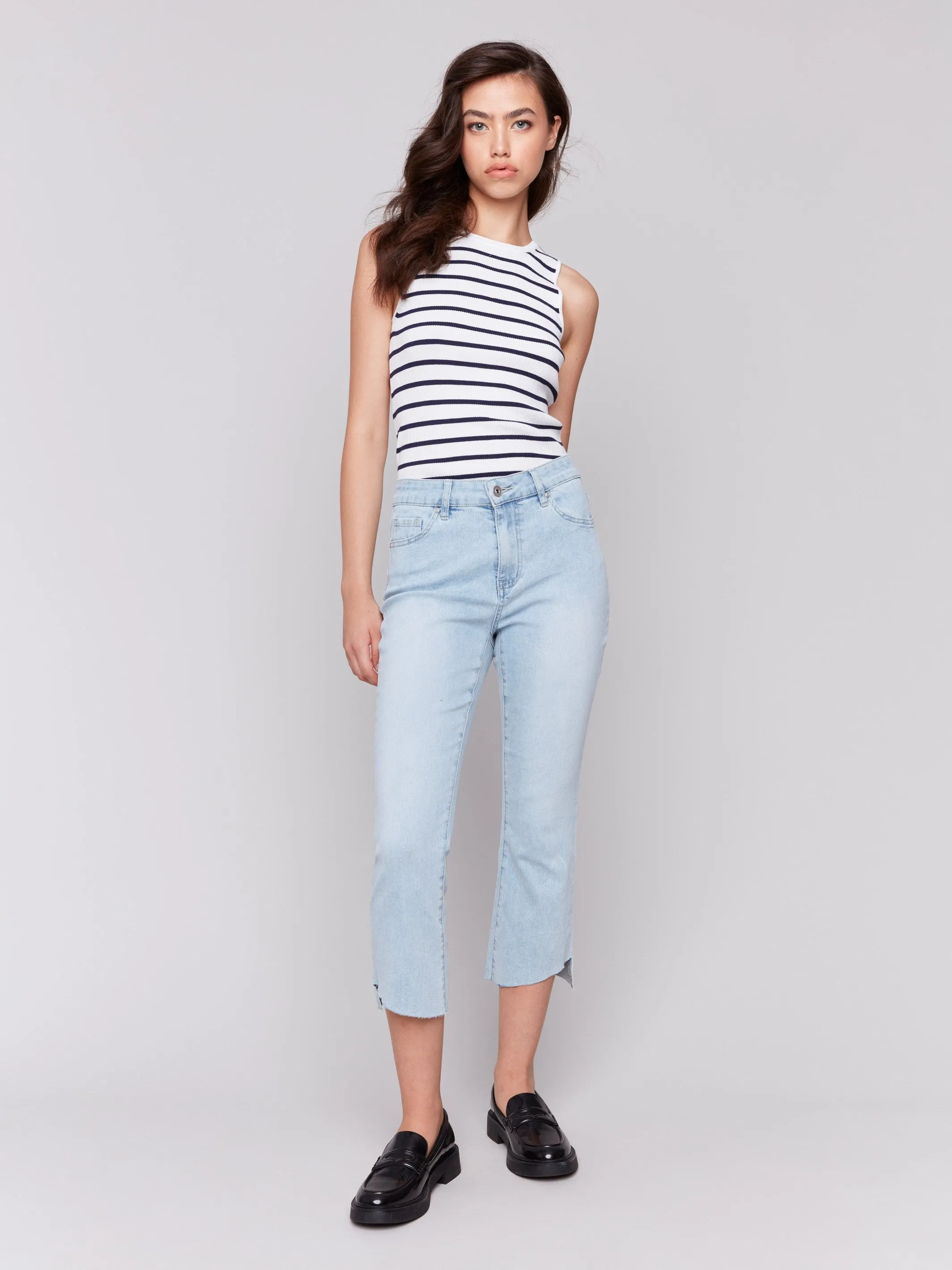 Cropped Jeans with Asymmetrical Hem - Bleach Blue