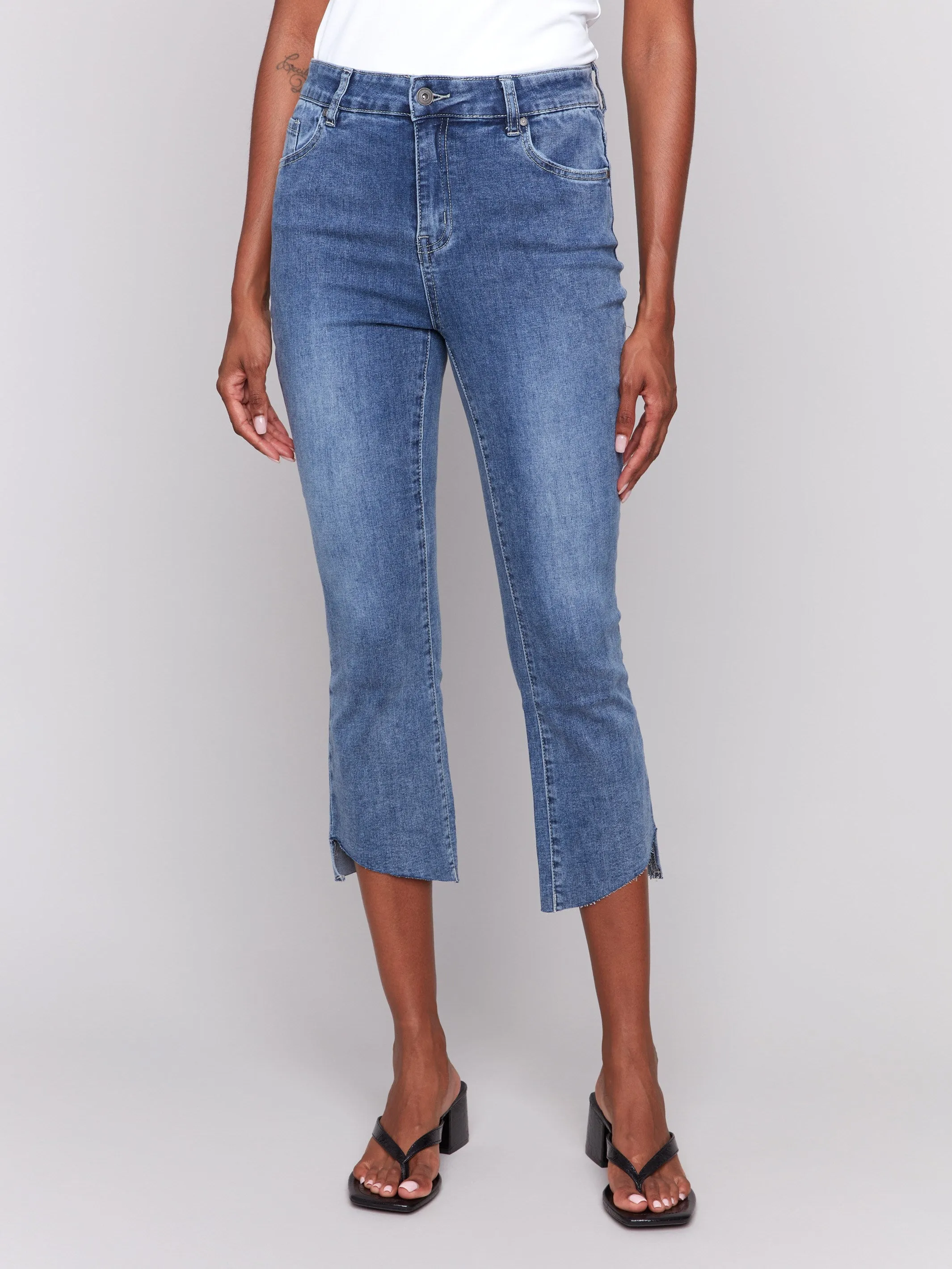 Cropped Jeans with Asymmetrical Hem - Medium Blue