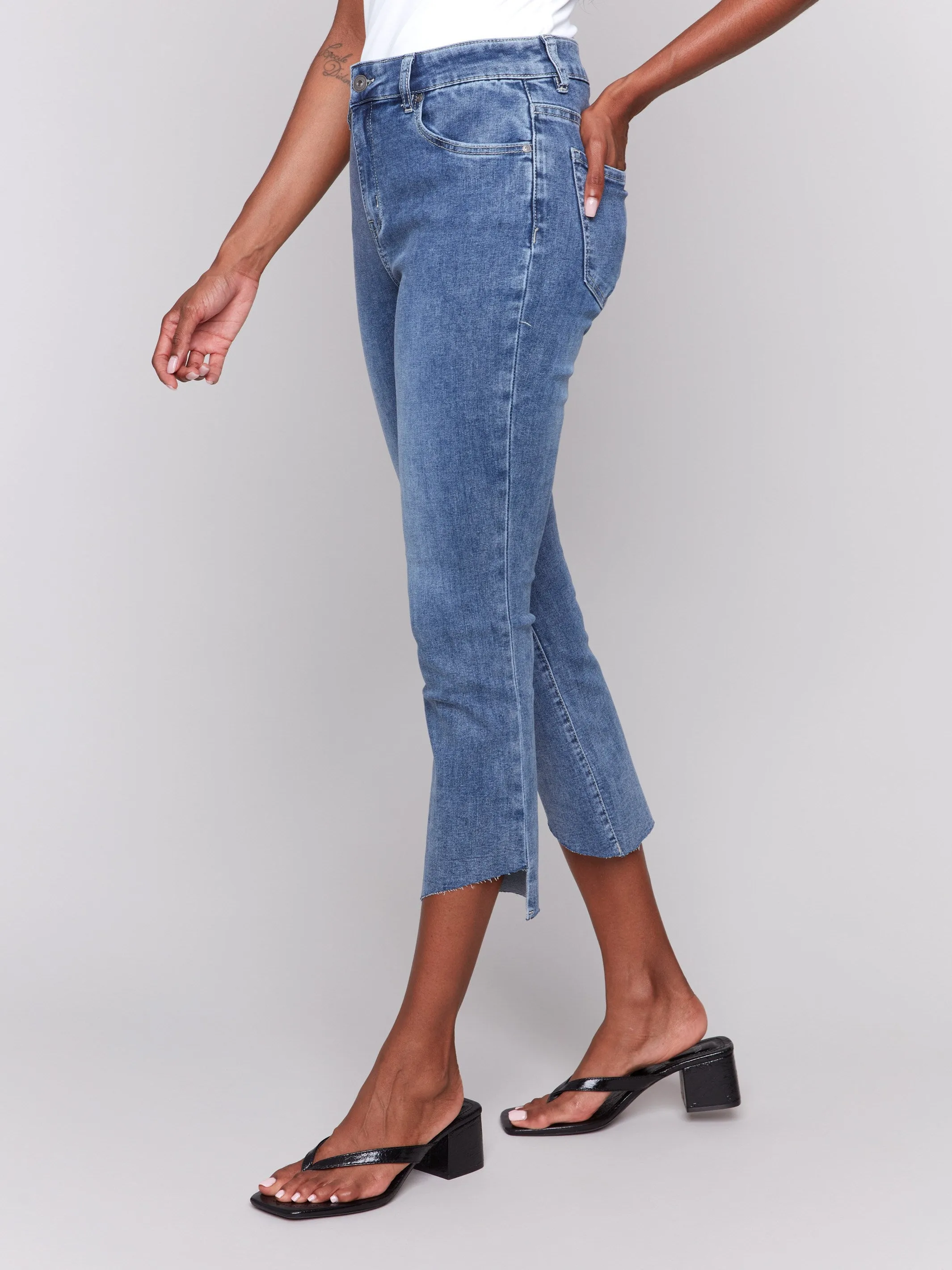 Cropped Jeans with Asymmetrical Hem - Medium Blue
