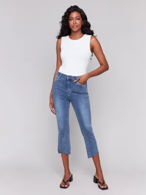 Cropped Jeans with Asymmetrical Hem - Medium Blue