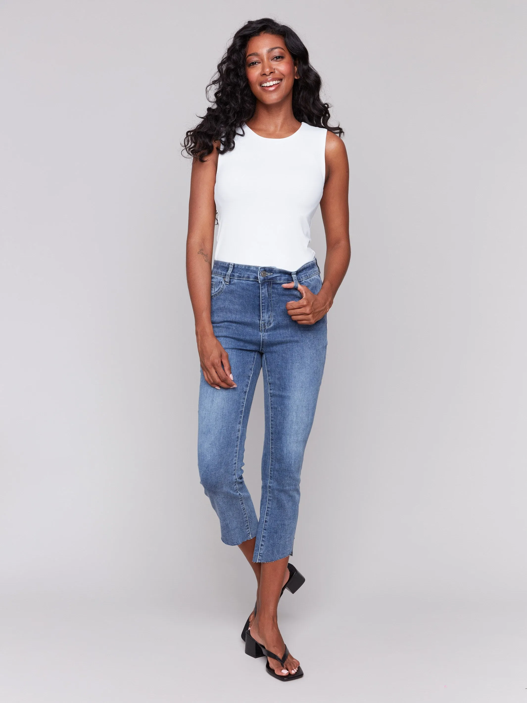 Cropped Jeans with Asymmetrical Hem - Medium Blue