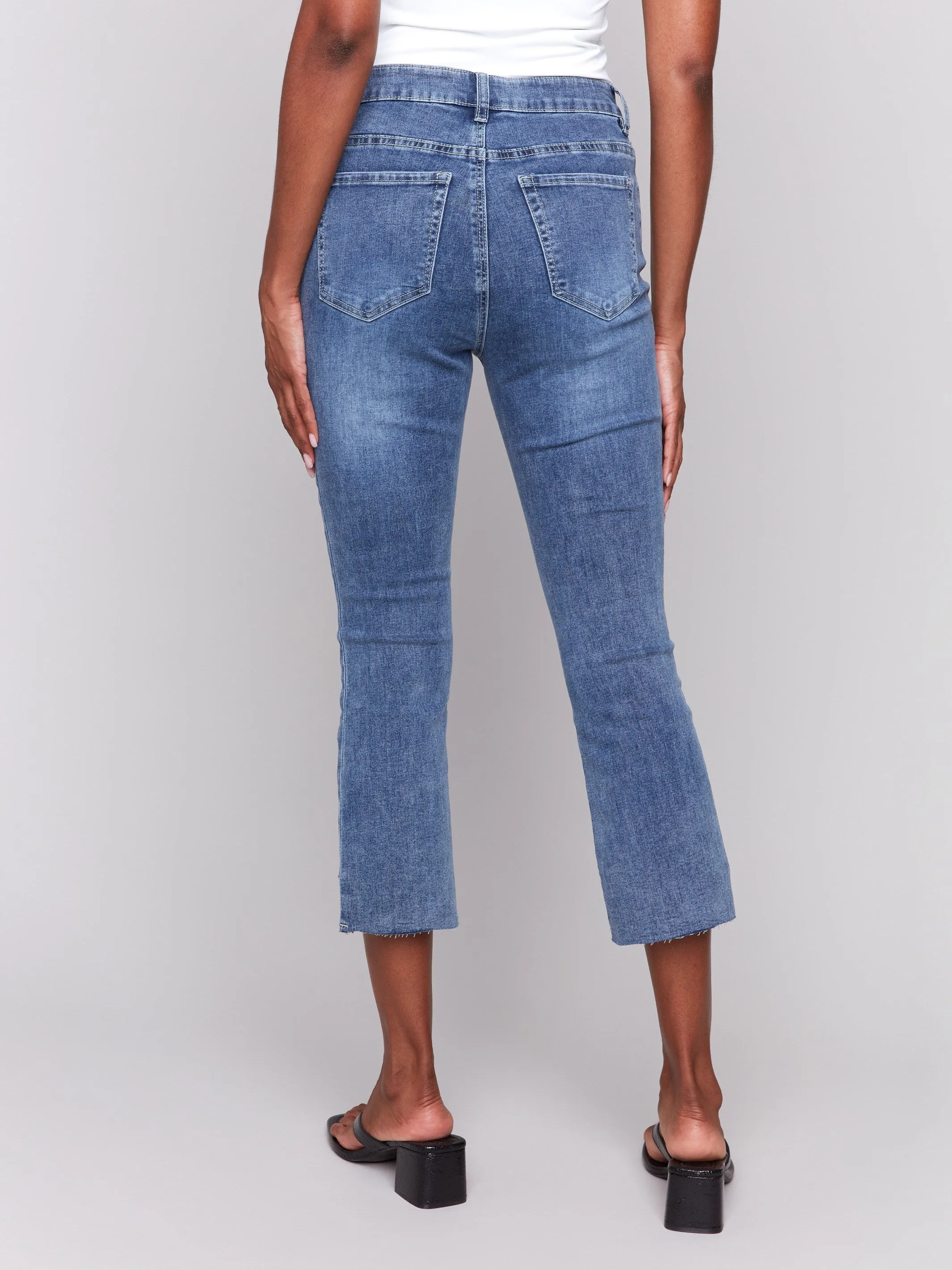 Cropped Jeans with Asymmetrical Hem - Medium Blue