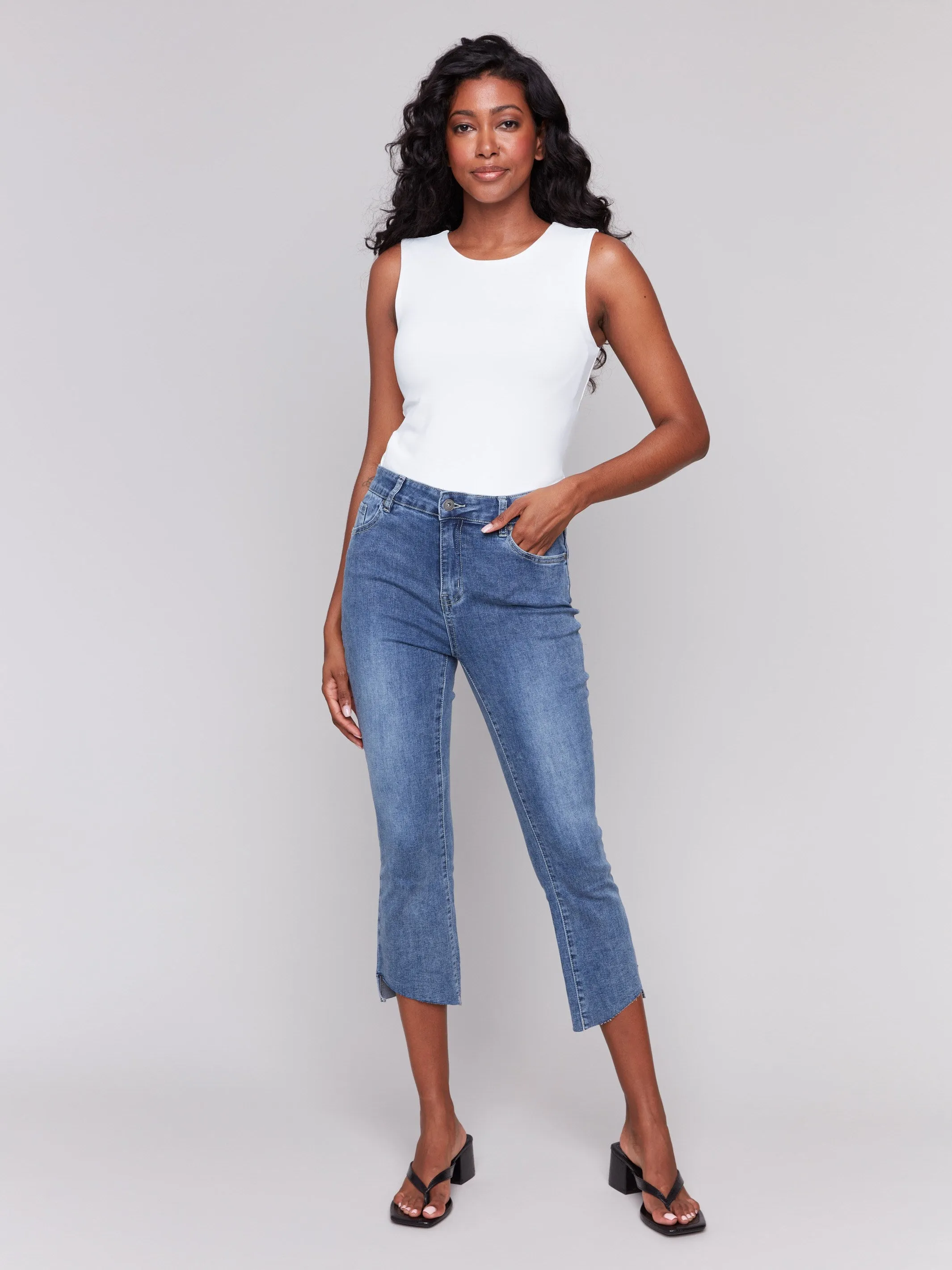 Cropped Jeans with Asymmetrical Hem - Medium Blue