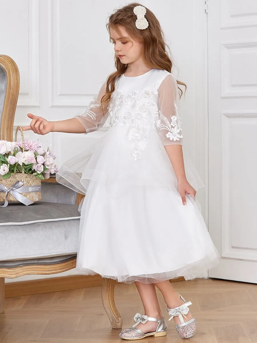 Dainty Knee Length Layered Flower Girl Dress with Long Sleeves