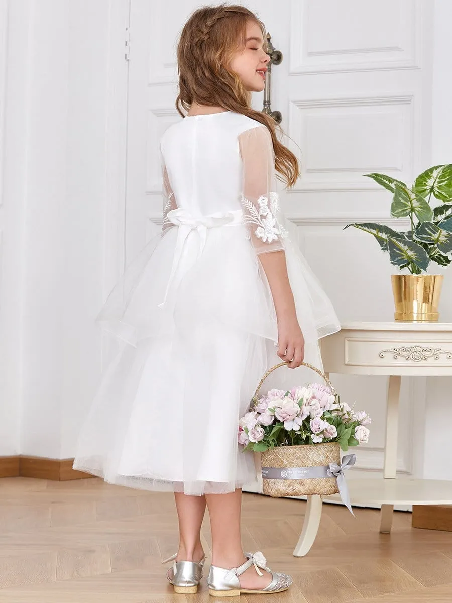 Dainty Knee Length Layered Flower Girl Dress with Long Sleeves