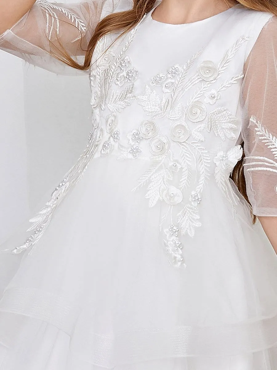 Dainty Knee Length Layered Flower Girl Dress with Long Sleeves