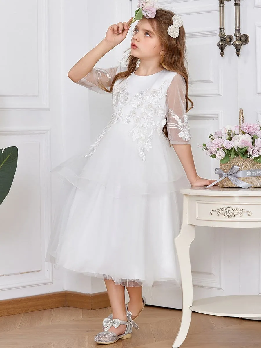 Dainty Knee Length Layered Flower Girl Dress with Long Sleeves