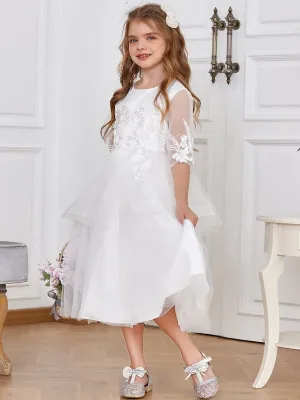 Dainty Knee Length Layered Flower Girl Dress with Long Sleeves
