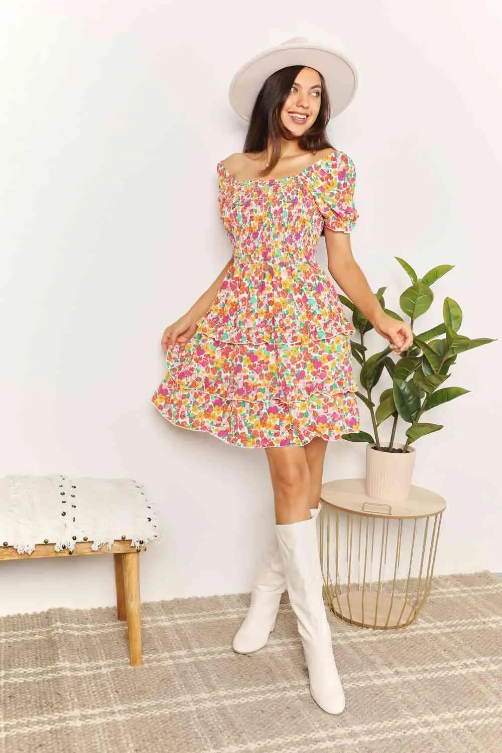 Double Take Smocked Sweetheart Neck Flounce Sleeve Mini