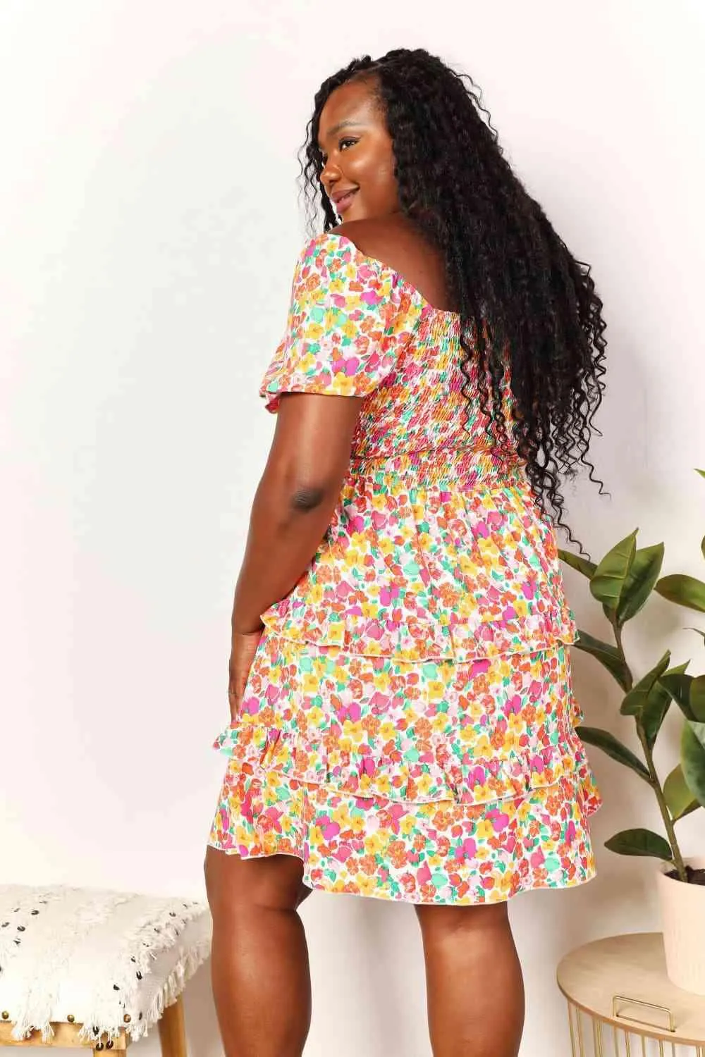 Double Take Smocked Sweetheart Neck Flounce Sleeve Mini
