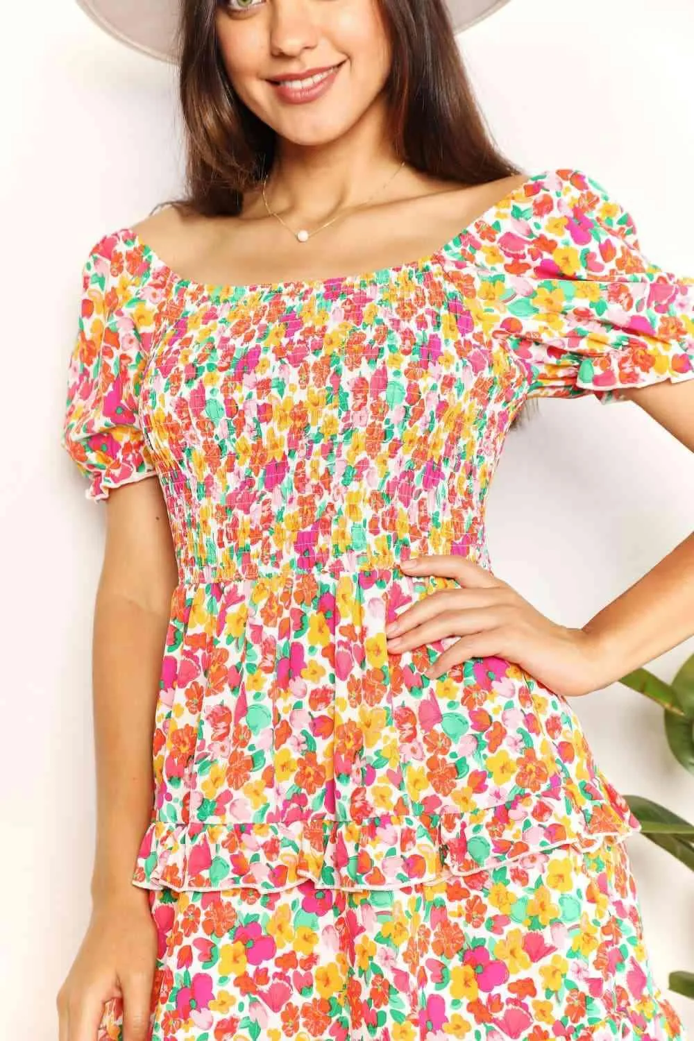 Double Take Smocked Sweetheart Neck Flounce Sleeve Mini