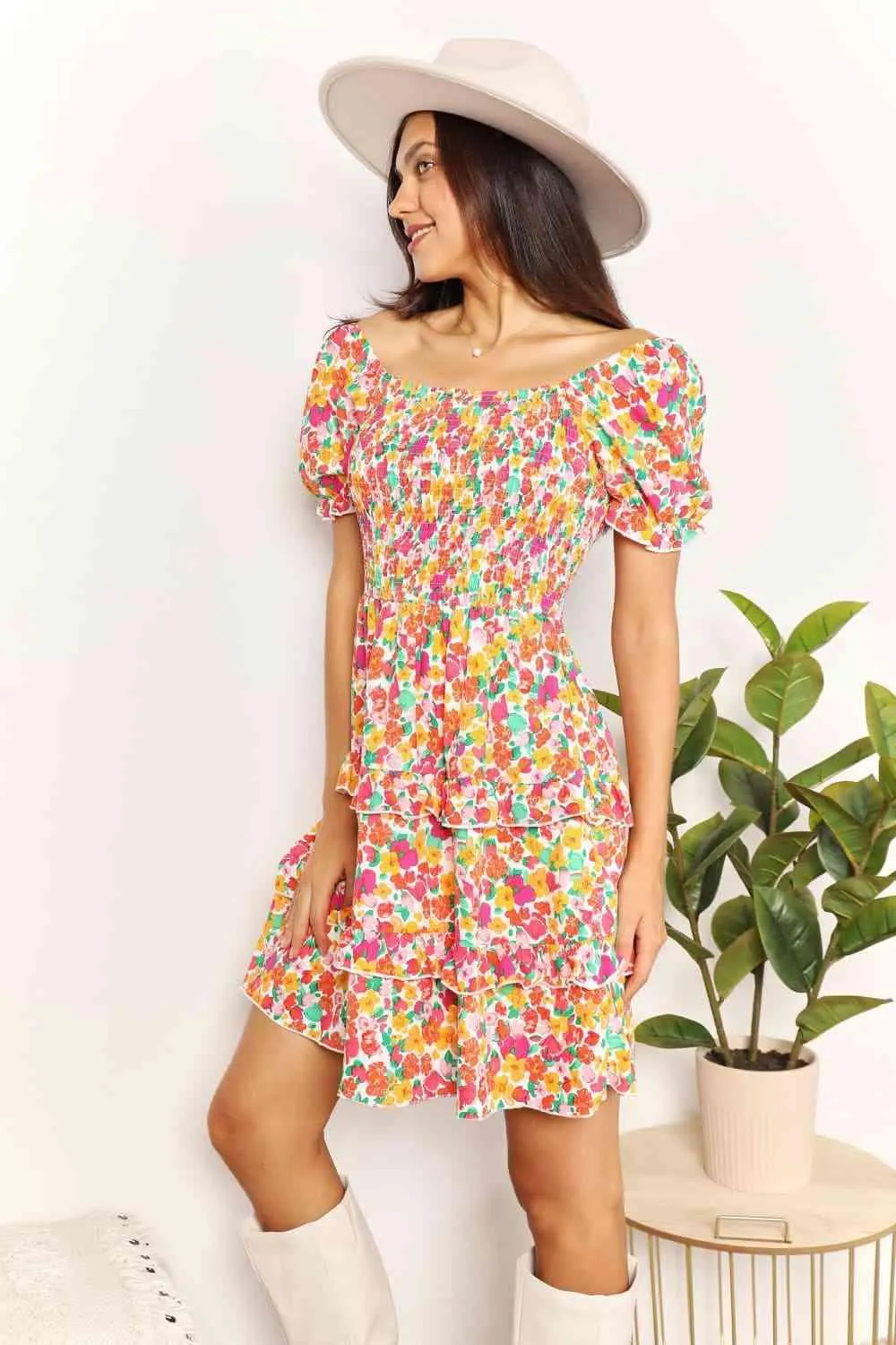 Double Take Smocked Sweetheart Neck Flounce Sleeve Mini